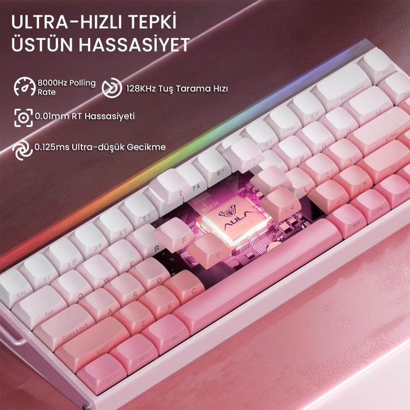Aula Hero 68 He Manyetik Klavye Rapid Trigger Black King Switch 8000Hz RGB Neon TKL Hot Swap Oyuncu Klavyesi Pembe - 4