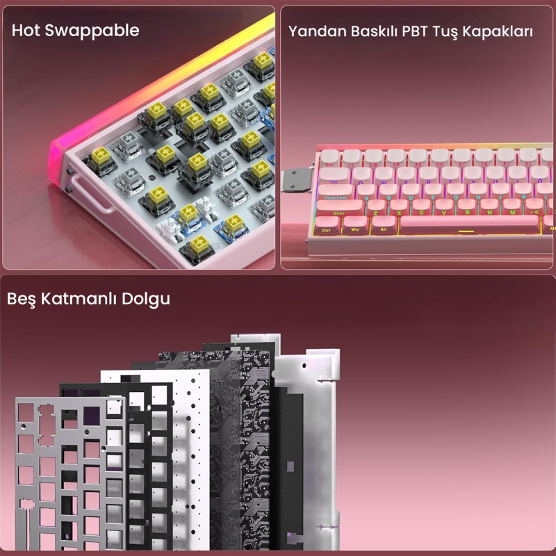 Aula Hero 68 He Manyetik Klavye Rapid Trigger Black King Switch 8000Hz RGB Neon TKL Hot Swap Oyuncu Klavyesi Pembe - 7