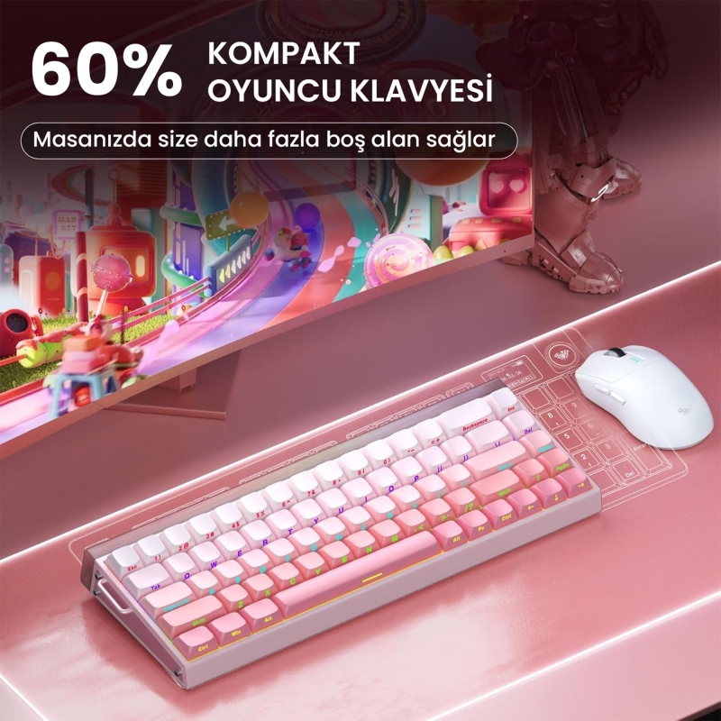 Aula Hero 68 He Manyetik Klavye Rapid Trigger Black King Switch 8000Hz RGB Neon TKL Hot Swap Oyuncu Klavyesi Pembe - 8