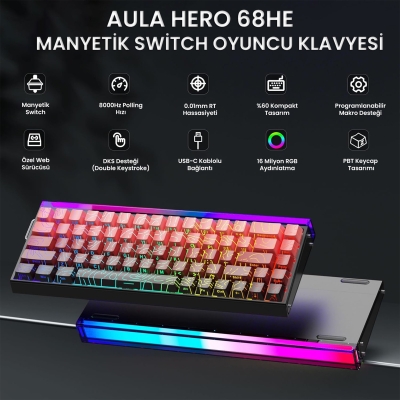 Aula Hero 68 He Manyetik Klavye Rapid Trigger Dragon King Switch 8000Hz RGB Neon TKL Hot Swap Oyuncu Klavyesi Kırmızı - 2