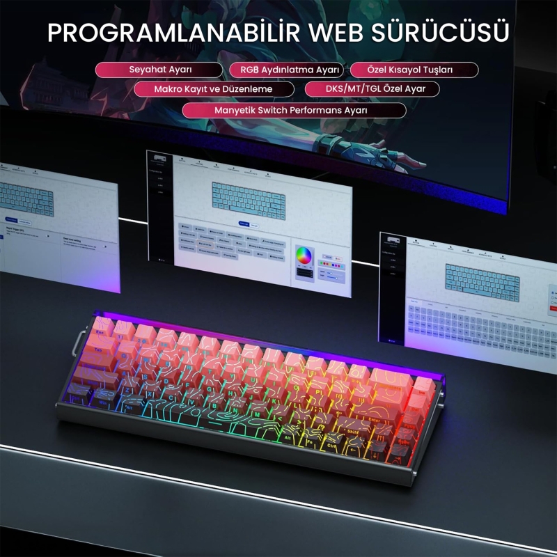 Aula Hero 68 He Manyetik Klavye Rapid Trigger Dragon King Switch 8000Hz RGB Neon TKL Hot Swap Oyuncu Klavyesi Kırmızı - 5