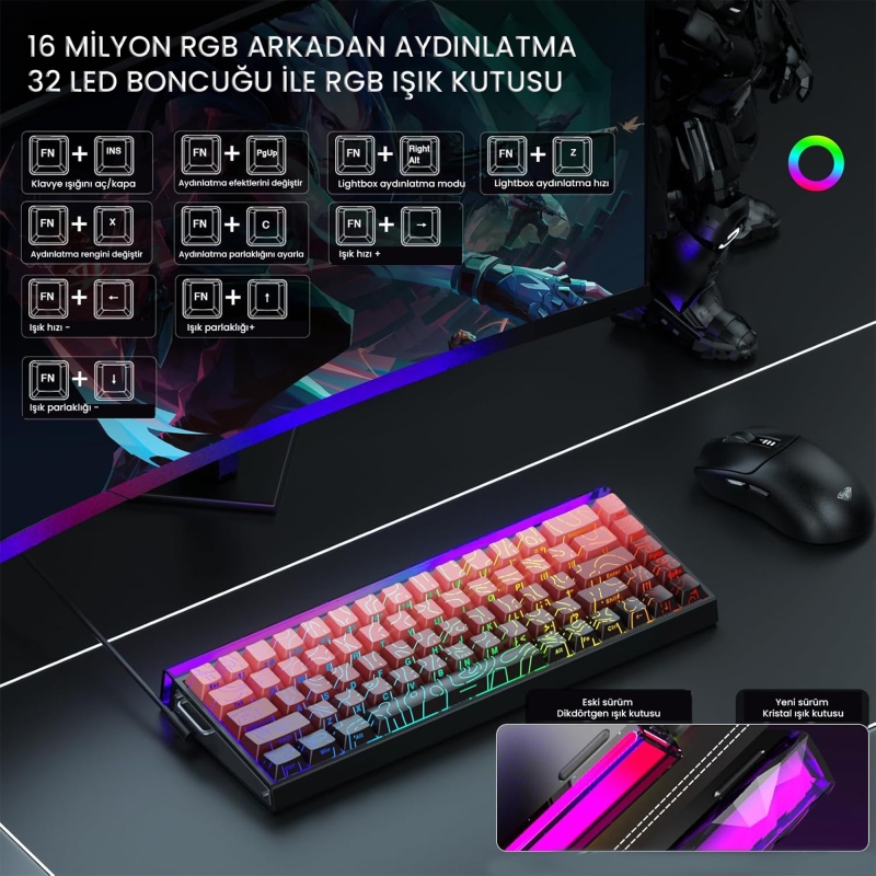 Aula Hero 68 He Manyetik Klavye Rapid Trigger Dragon King Switch 8000Hz RGB Neon TKL Hot Swap Oyuncu Klavyesi Kırmızı - 4