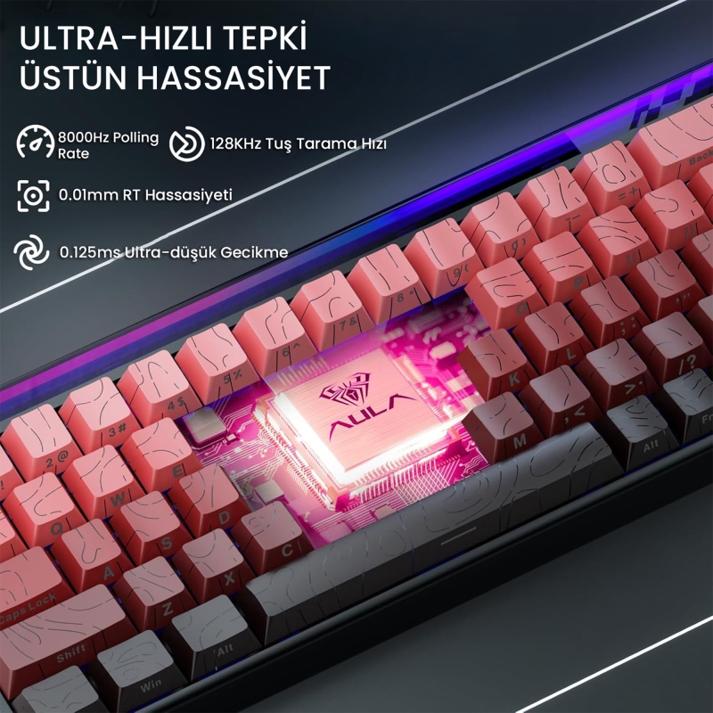 Aula Hero 68 He Manyetik Klavye Rapid Trigger Dragon King Switch 8000Hz RGB Neon TKL Hot Swap Oyuncu Klavyesi Kırmızı - 5