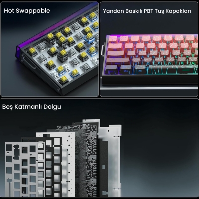 Aula Hero 68 He Manyetik Klavye Rapid Trigger Dragon King Switch 8000Hz RGB Neon TKL Hot Swap Oyuncu Klavyesi Kırmızı - 7