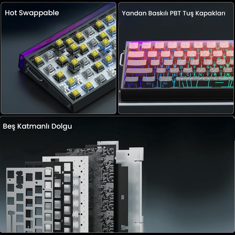 Aula Hero 68 He Manyetik Klavye Rapid Trigger Dragon King Switch 8000Hz RGB Neon TKL Hot Swap Oyuncu Klavyesi Kırmızı - 7