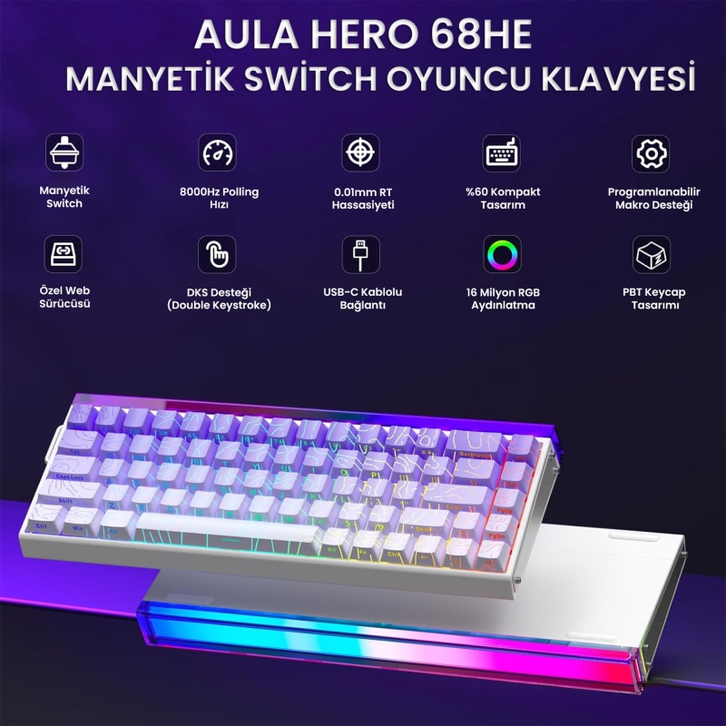 Aula Hero 68 He Manyetik Klavye Rapid Trigger Dragon King Switch 8000Hz RGB Neon TKL Hot Swap Oyuncu Klavyesi Mor - 2