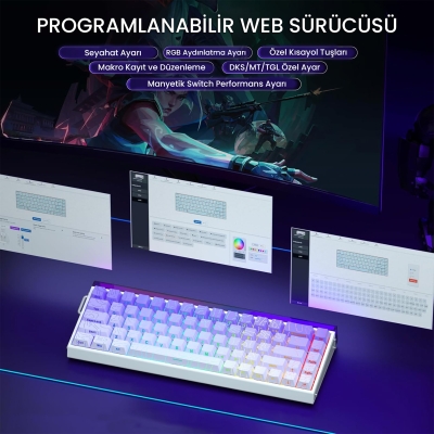 Aula Hero 68 He Manyetik Klavye Rapid Trigger Dragon King Switch 8000Hz RGB Neon TKL Hot Swap Oyuncu Klavyesi Mor - 5