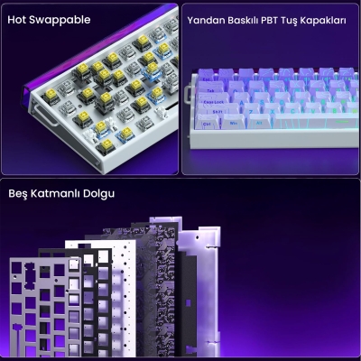 Aula Hero 68 He Manyetik Klavye Rapid Trigger Dragon King Switch 8000Hz RGB Neon TKL Hot Swap Oyuncu Klavyesi Mor - 6
