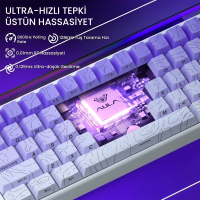Aula Hero 68 He Manyetik Klavye Rapid Trigger Dragon King Switch 8000Hz RGB Neon TKL Hot Swap Oyuncu Klavyesi Mor - 4