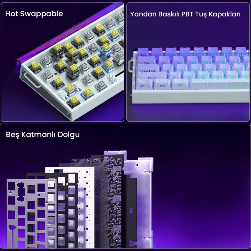 Aula Hero 68 He Manyetik Klavye Rapid Trigger Dragon King Switch 8000Hz RGB Neon TKL Hot Swap Oyuncu Klavyesi Mor - 6