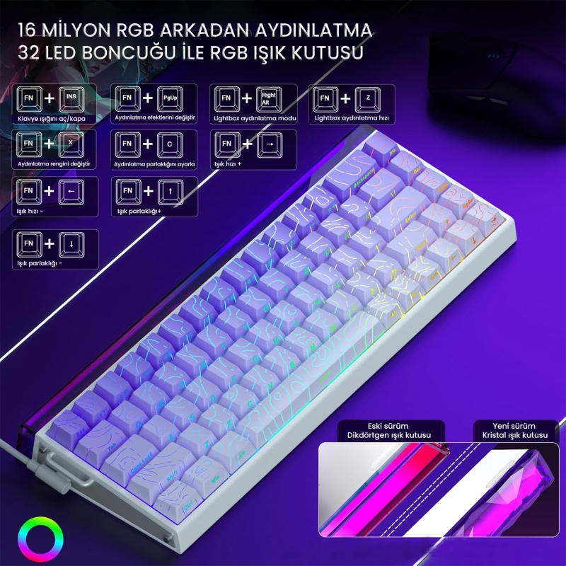 Aula Hero 68 He Manyetik Klavye Rapid Trigger Dragon King Switch 8000Hz RGB Neon TKL Hot Swap Oyuncu Klavyesi Mor - 3