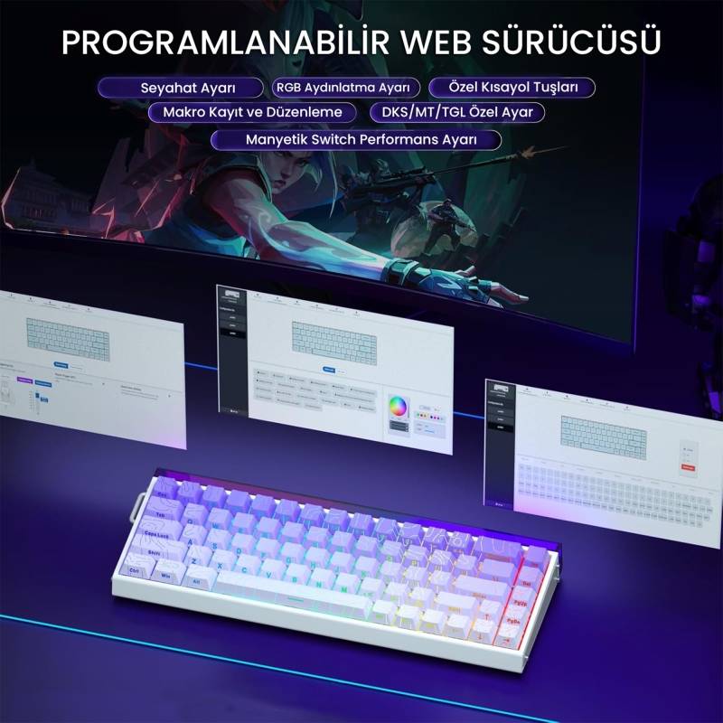 Aula Hero 68 He Manyetik Klavye Rapid Trigger Dragon King Switch 8000Hz RGB Neon TKL Hot Swap Oyuncu Klavyesi Mor - 5