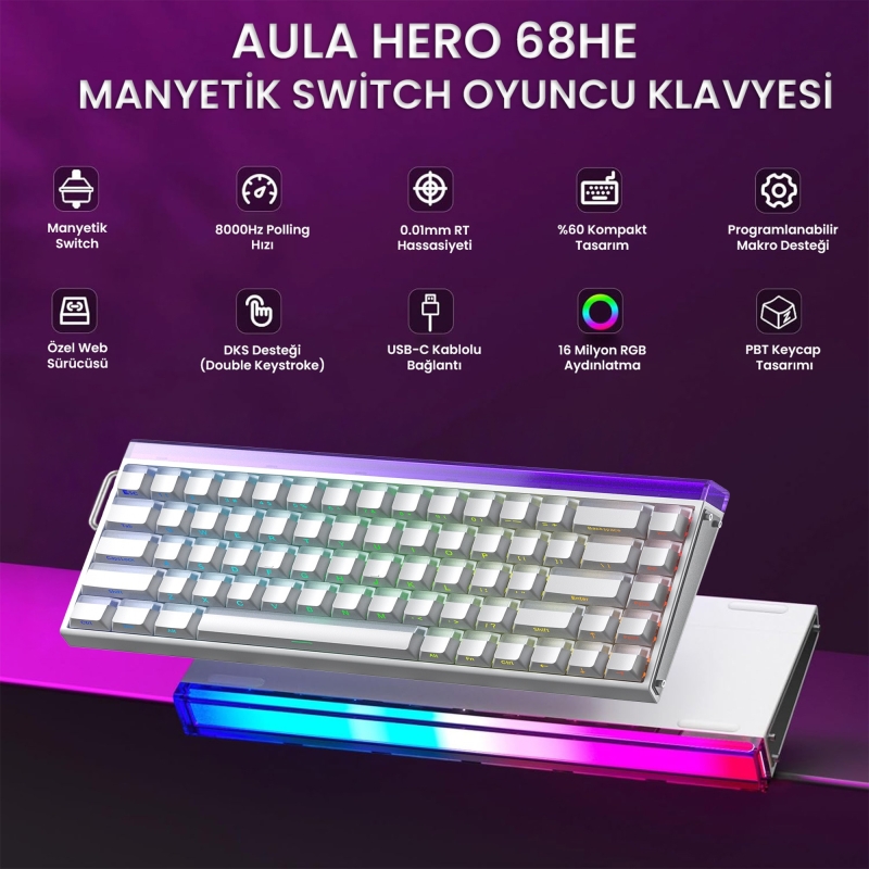 Aula Hero 68 He Manyetik Klavye Rapid Trigger Jade King Switch 8000Hz RGB Neon TKL Hot Swap Oyuncu Klavyesi Beyaz - 2