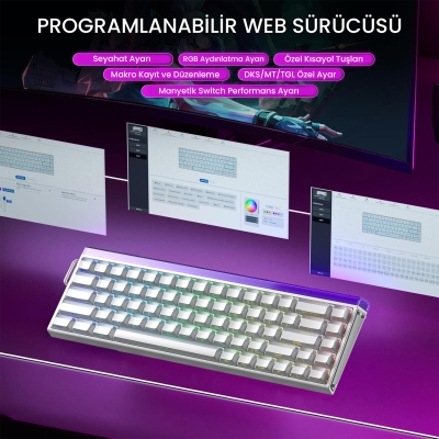 Aula Hero 68 He Manyetik Klavye Rapid Trigger Jade King Switch 8000Hz RGB Neon TKL Hot Swap Oyuncu Klavyesi Beyaz - 5