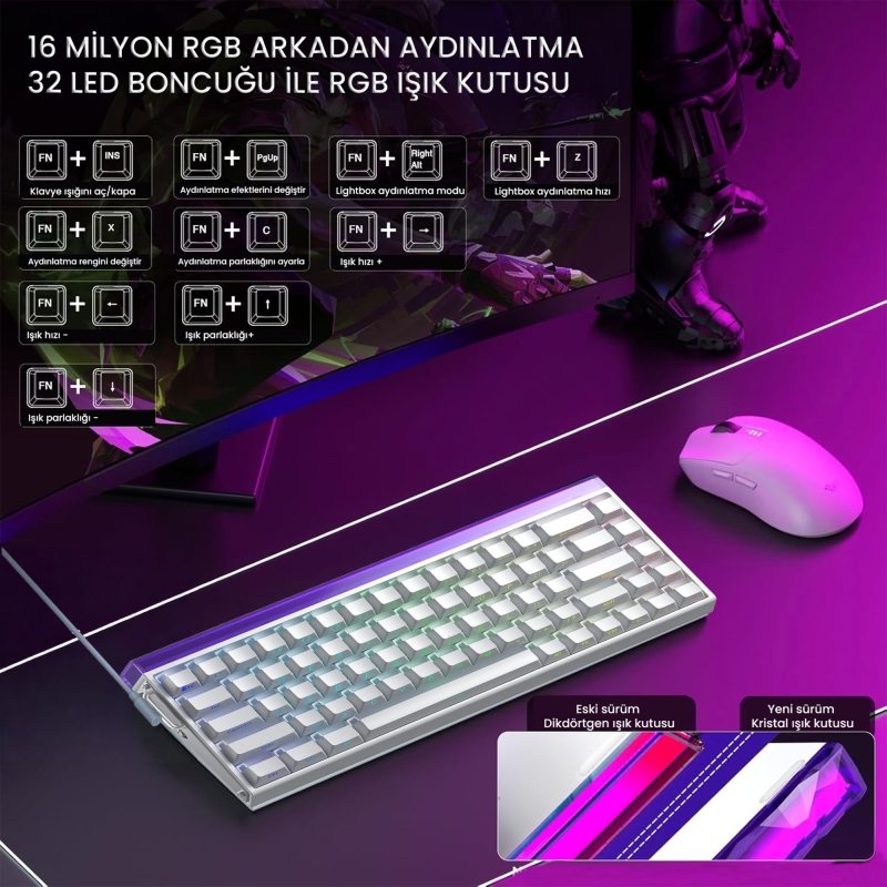 Aula Hero 68 He Manyetik Klavye Rapid Trigger Jade King Switch 8000Hz RGB Neon TKL Hot Swap Oyuncu Klavyesi Beyaz - 3
