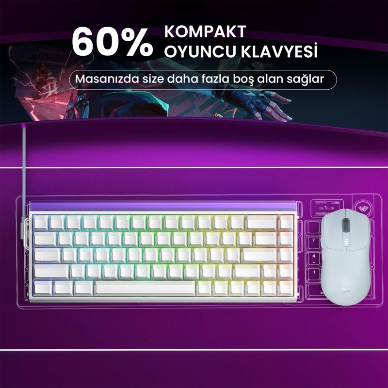 Aula Hero 68 He Manyetik Klavye Rapid Trigger Jade King Switch 8000Hz RGB Neon TKL Hot Swap Oyuncu Klavyesi Beyaz - 7
