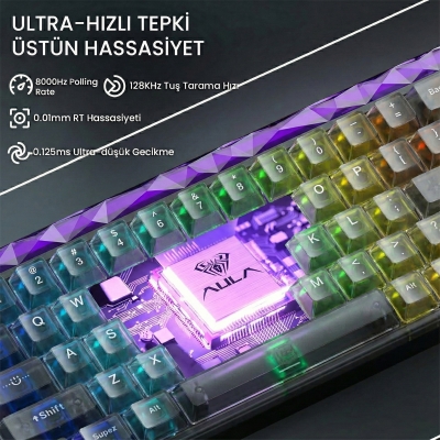 Aula Hero 68 He Manyetik Klavye Rapid Trigger Jade King Switch 8000Hz RGB Neon TKL Hot Swap Oyuncu Klavyesi Şeffaf Siyah - 4