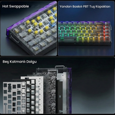 Aula Hero 68 He Manyetik Klavye Rapid Trigger Jade King Switch 8000Hz RGB Neon TKL Hot Swap Oyuncu Klavyesi Şeffaf Siyah - 6