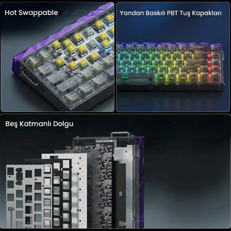 Aula Hero 68 He Manyetik Klavye Rapid Trigger Jade King Switch 8000Hz RGB Neon TKL Hot Swap Oyuncu Klavyesi Şeffaf Siyah - 6