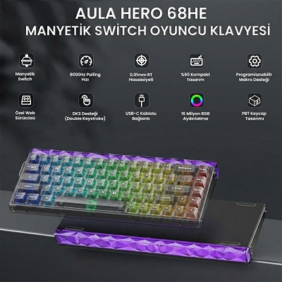 Aula Hero 68 He Manyetik Klavye Rapid Trigger Jade King Switch 8000Hz RGB Neon TKL Hot Swap Oyuncu Klavyesi Şeffaf Siyah - 2