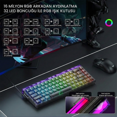 Aula Hero 68 He Manyetik Klavye Rapid Trigger Jade King Switch 8000Hz RGB Neon TKL Hot Swap Oyuncu Klavyesi Şeffaf Siyah - 3