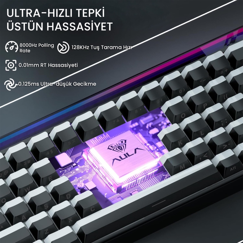 Aula Hero 68 He Manyetik Klavye Rapid Trigger Jade King Switch 8000Hz RGB Neon TKL Hot Swap Oyuncu Klavyesi Siyah - 4