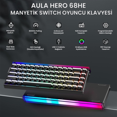 Aula Hero 68 He Manyetik Klavye Rapid Trigger Jade King Switch 8000Hz RGB Neon TKL Hot Swap Oyuncu Klavyesi Siyah - 2