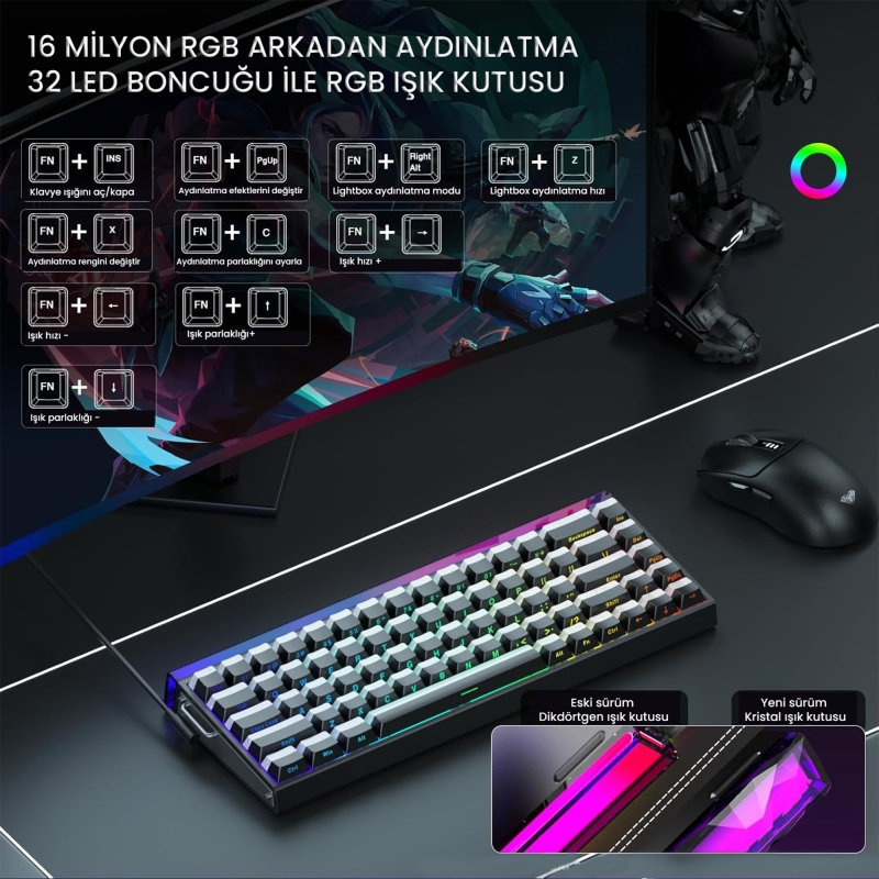 Aula Hero 68 He Manyetik Klavye Rapid Trigger Jade King Switch 8000Hz RGB Neon TKL Hot Swap Oyuncu Klavyesi Siyah - 3