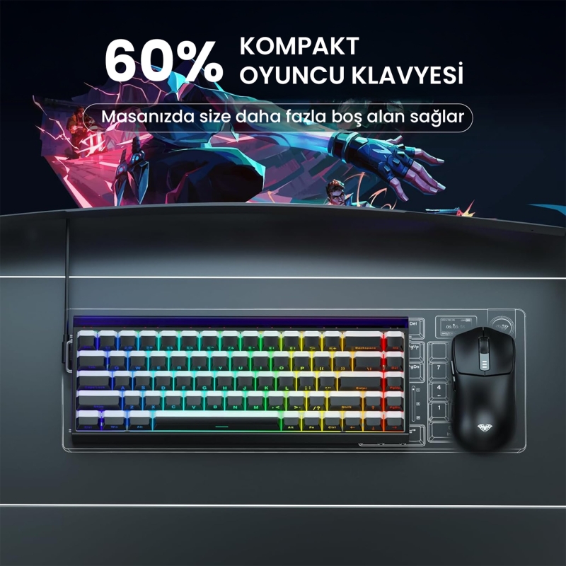 Aula Hero 68 He Manyetik Klavye Rapid Trigger Jade King Switch 8000Hz RGB Neon TKL Hot Swap Oyuncu Klavyesi Siyah - 7