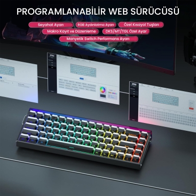 Aula Hero 68 He Manyetik Klavye Rapid Trigger Jade King Switch 8000Hz RGB Neon TKL Hot Swap Oyuncu Klavyesi Siyah - 5
