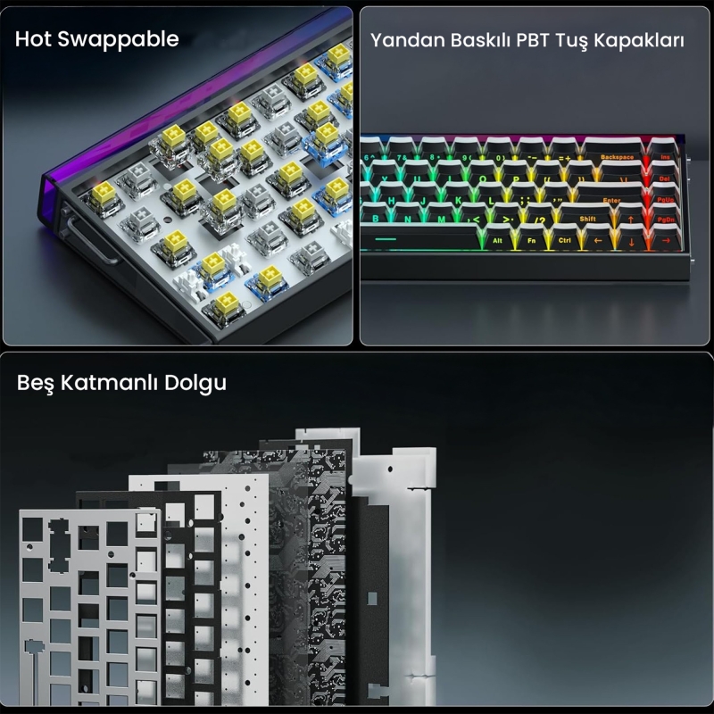 Aula Hero 68 He Manyetik Klavye Rapid Trigger Jade King Switch 8000Hz RGB Neon TKL Hot Swap Oyuncu Klavyesi Siyah - 7