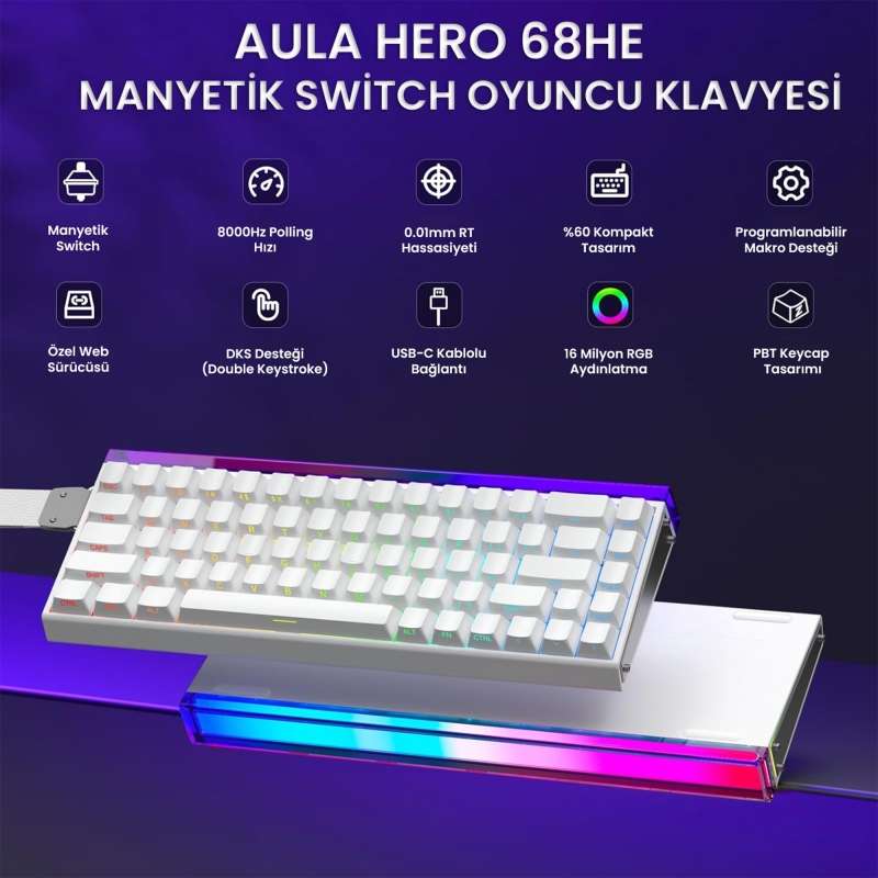 Aula Hero 68 He Manyetik Klavye Rapid Trigger Meteor Switch 8000Hz RGB Neon TKL Hot Swap Oyuncu Klavyesi Beyaz - 2