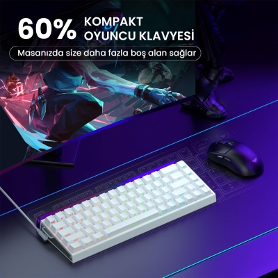 Aula Hero 68 He Manyetik Klavye Rapid Trigger Meteor Switch 8000Hz RGB Neon TKL Hot Swap Oyuncu Klavyesi Beyaz - 6