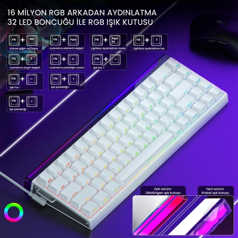 Aula Hero 68 He Manyetik Klavye Rapid Trigger Meteor Switch 8000Hz RGB Neon TKL Hot Swap Oyuncu Klavyesi Beyaz - 3