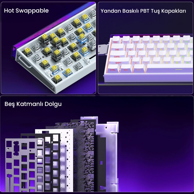 Aula Hero 68 He Manyetik Klavye Rapid Trigger Meteor Switch 8000Hz RGB Neon TKL Hot Swap Oyuncu Klavyesi Beyaz - 5