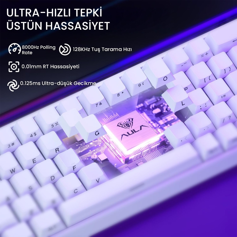 Aula Hero 68 He Manyetik Klavye Rapid Trigger Meteor Switch 8000Hz RGB Neon TKL Hot Swap Oyuncu Klavyesi Beyaz - 5