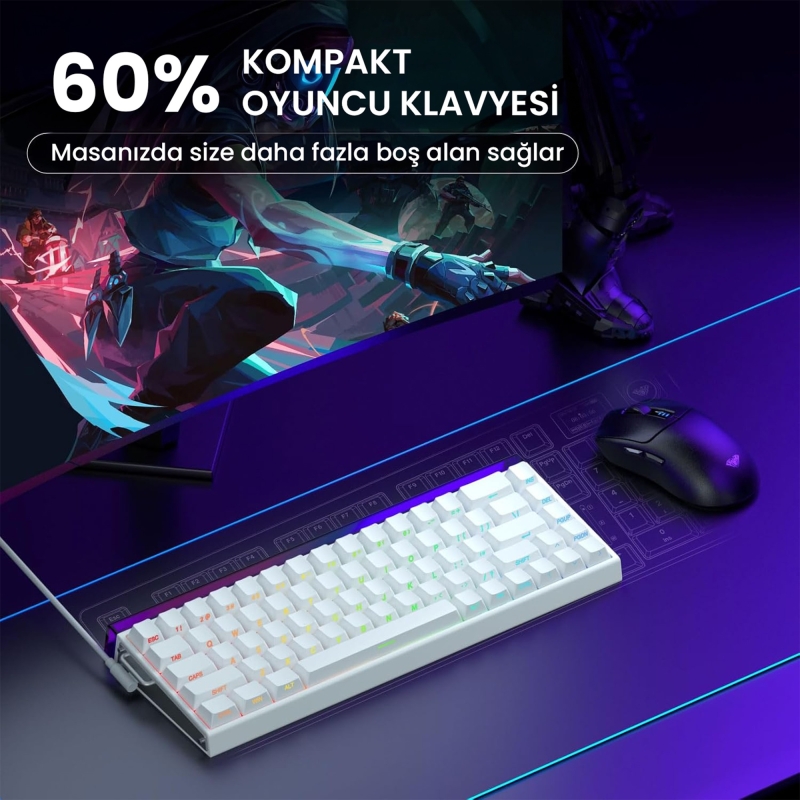Aula Hero 68 He Manyetik Klavye Rapid Trigger Meteor Switch 8000Hz RGB Neon TKL Hot Swap Oyuncu Klavyesi Beyaz - 7
