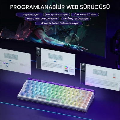 Aula Hero 68 He Manyetik Klavye Rapid Trigger Silver Switch 8000Hz RGB Neon TKL Hot Swap Oyuncu Klavyesi Şeffaf - 5