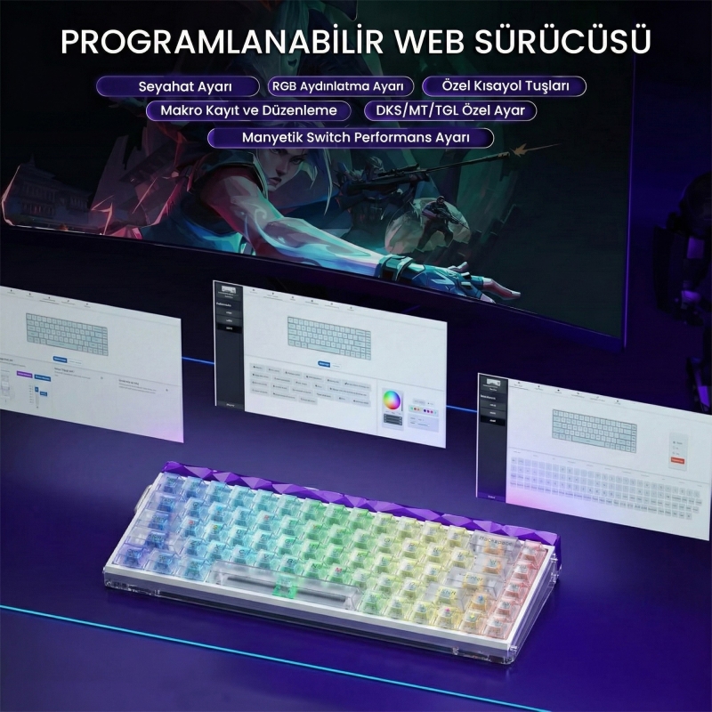 Aula Hero 68 He Manyetik Klavye Rapid Trigger Silver Switch 8000Hz RGB Neon TKL Hot Swap Oyuncu Klavyesi Şeffaf - 5