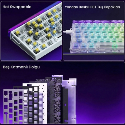 Aula Hero 68 He Manyetik Klavye Rapid Trigger Silver Switch 8000Hz RGB Neon TKL Hot Swap Oyuncu Klavyesi Şeffaf - 6
