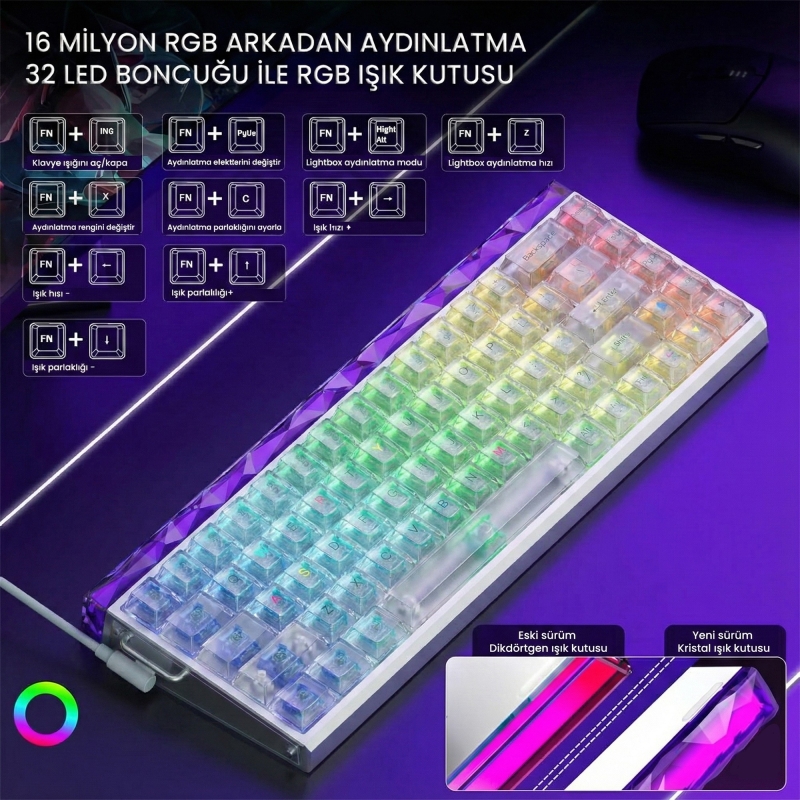 Aula Hero 68 He Manyetik Klavye Rapid Trigger Silver Switch 8000Hz RGB Neon TKL Hot Swap Oyuncu Klavyesi Şeffaf - 3