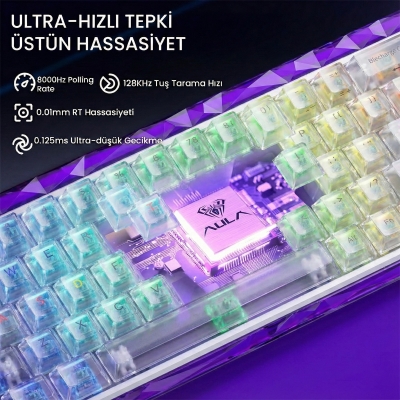 Aula Hero 68 He Manyetik Klavye Rapid Trigger Silver Switch 8000Hz RGB Neon TKL Hot Swap Oyuncu Klavyesi Şeffaf - 4