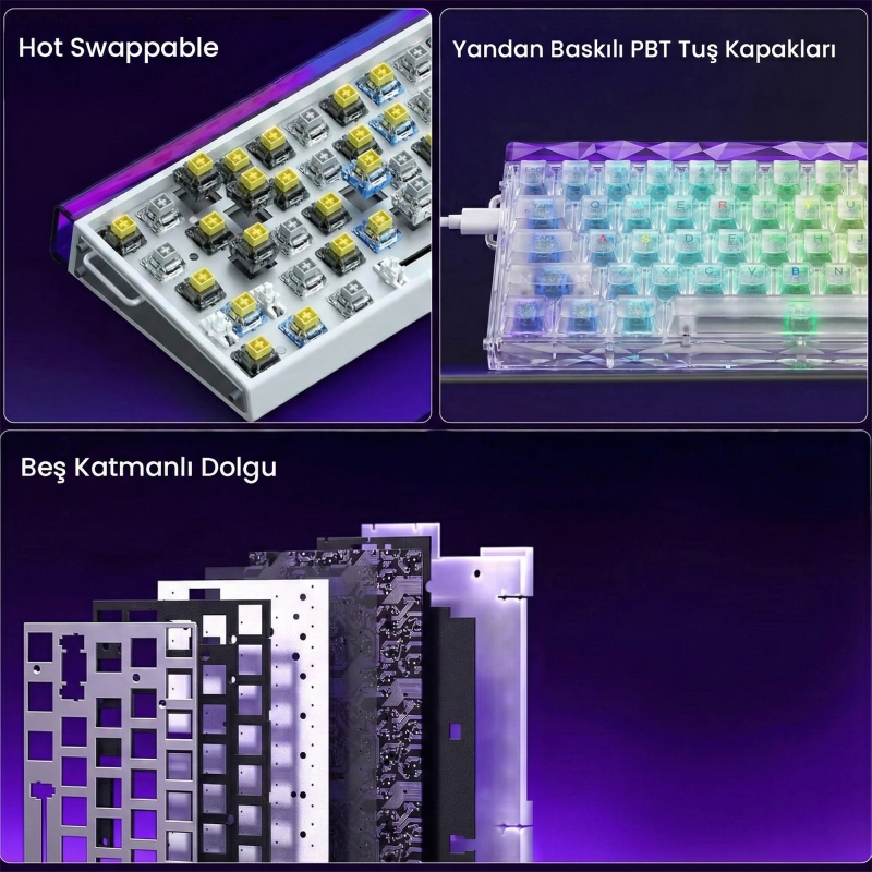 Aula Hero 68 He Manyetik Klavye Rapid Trigger Silver Switch 8000Hz RGB Neon TKL Hot Swap Oyuncu Klavyesi Şeffaf - 6