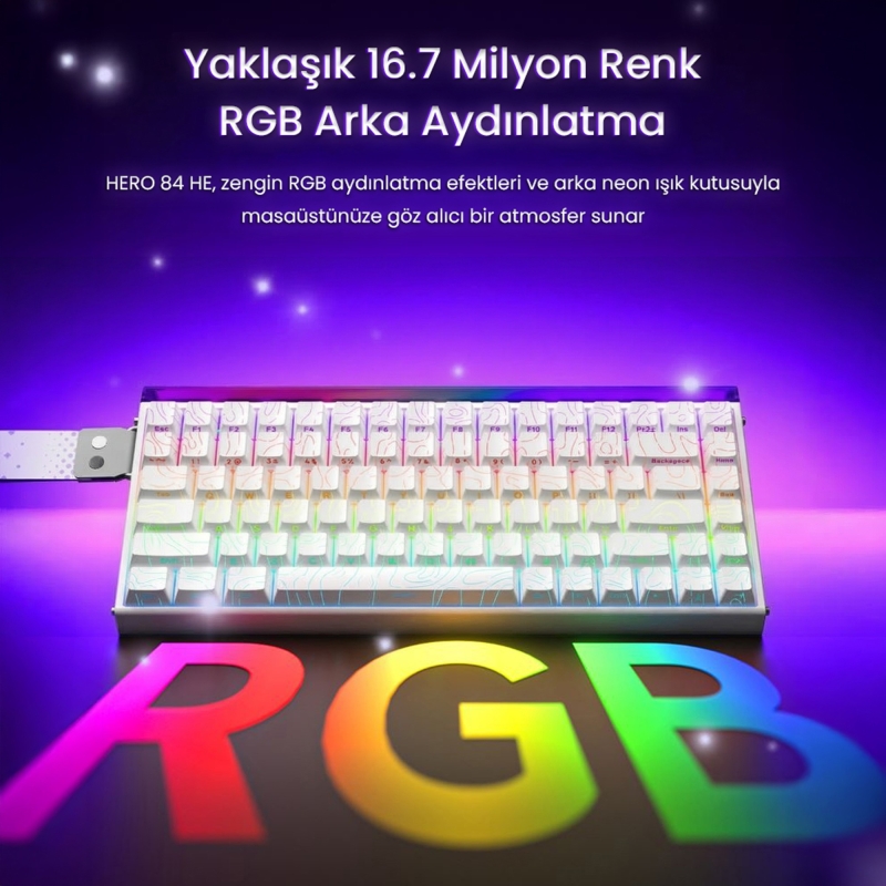 Aula Hero 84 He Manyetik Klavye Rapid Trigger Black King Switch 8000Hz RGB Neon TKL Hot Swap Oyuncu Klavyesi Desenli Beyaz - 4
