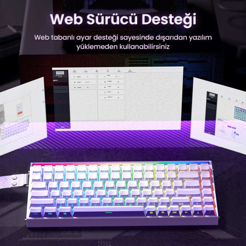 Aula Hero 84 He Manyetik Klavye Rapid Trigger Jade King Switch 8000Hz RGB Neon TKL Hot Swap Oyuncu Klavyesi Mor - 2