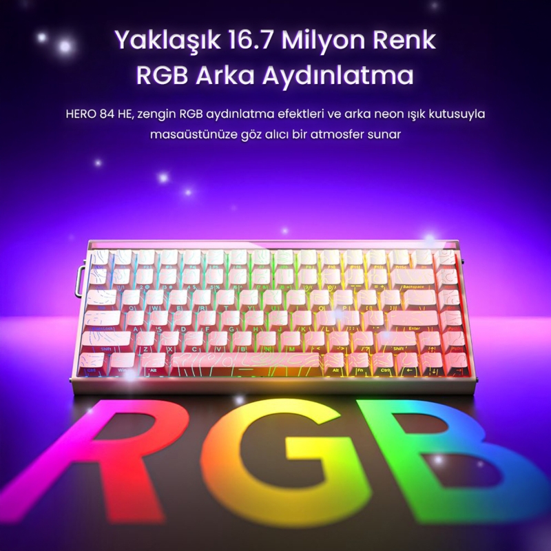Aula Hero 84 He Manyetik Klavye Rapid Trigger Jade King Switch 8000Hz RGB Neon TKL Hot Swap Oyuncu Klavyesi Mor - 4