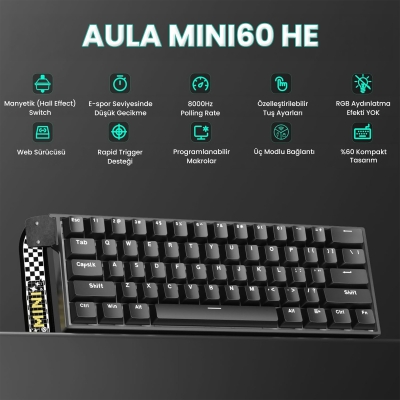 Aula Mini 60 He Hall Effect Manyetik Klavye Rapid Trigger Stromrise Switch 8000Hz TKL Hot Swap Oyuncu Klavyesi Siyah - 2
