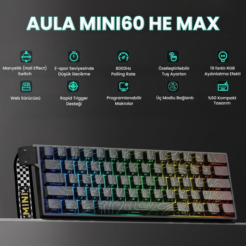 Aula Mini 60 He Max Hall Effect Manyetik Klavye Rapid Trigger Spiritcloud Switch 8000Hz TKL Hot Swap Oyuncu Klavyesi Siyah - 2