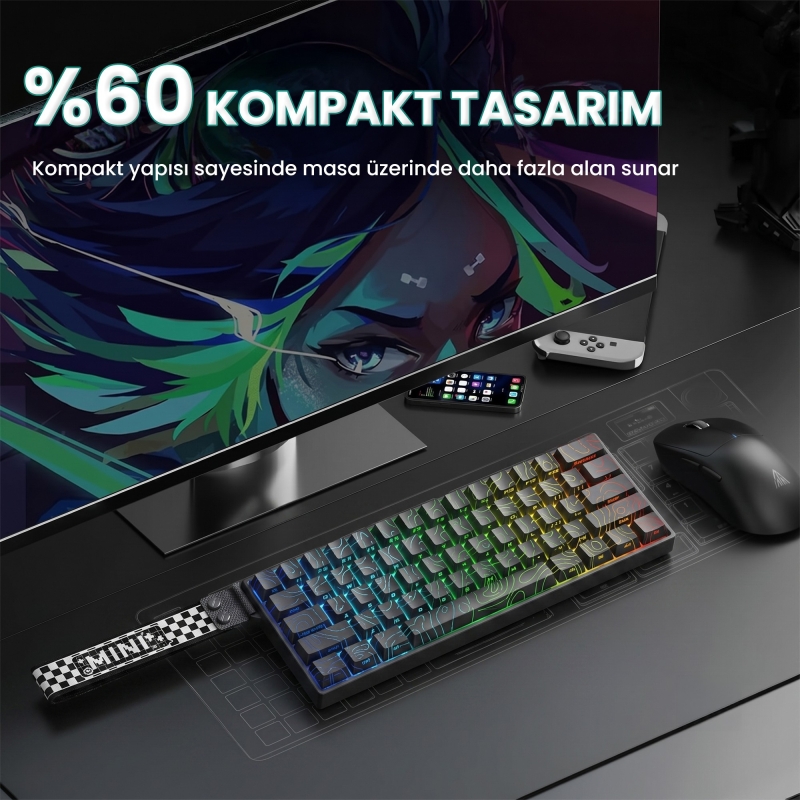 Aula Mini 60 He Max Hall Effect Manyetik Klavye Rapid Trigger Spiritcloud Switch 8000Hz TKL Hot Swap Oyuncu Klavyesi Siyah - 7