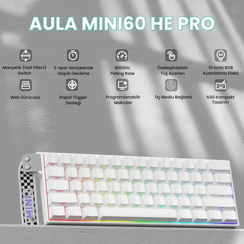 Aula Mini 60 He Pro Hall Effect Manyetik Klavye Rapid Trigger Mistcloud Switch 8000Hz TKL Hot Swap Oyuncu Klavyesi Beyaz - 2